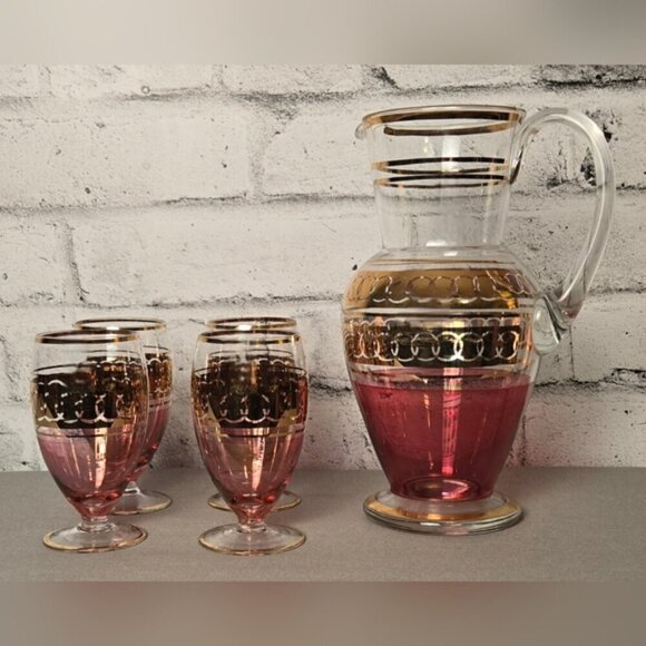 Vintage Pink & Gold Ombre Glass Pitcher Set – 5 Pc Mid-Century Barware - Picture 2 of 15